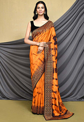 Orange And Black Ombre Pattern Digital Print Chiffon Satin Saree With –  Fabcurate