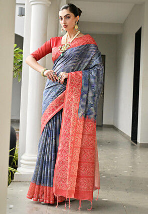 Digital Printed Art Silk Saree in Navy Blue
