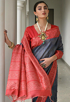 Digital Printed Art Silk Saree in Navy Blue