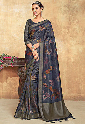 Digital Printed Art Silk Saree in Navy Blue
