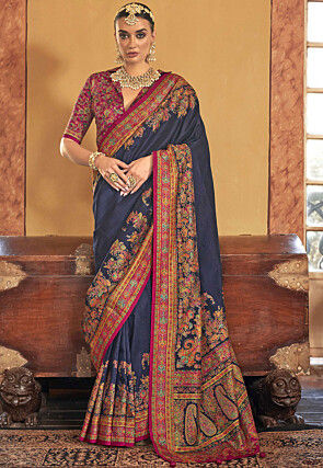 Digital Printed Art Silk Saree in Navy Blue