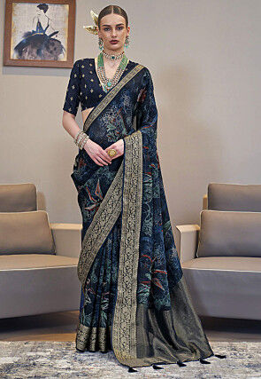 Digital Printed Art Silk Saree in Navy Blue