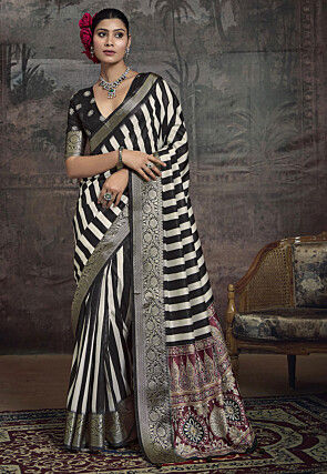 Digital Printed Art Silk Saree in Off White and Black