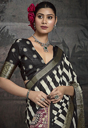 Digital Printed Art Silk Saree in Off White and Black