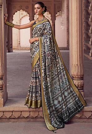 Digital Printed Art Silk Saree in Off White and Black