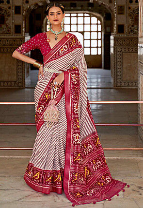Women's White Saree Blouse Silk Digital Print Bollywood Style Floral Indian Sari