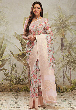 Digital Printed Art Silk Jacquard Saree in Off White