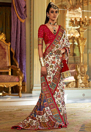 Digital Printed Art Silk Saree in Off White