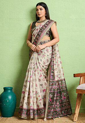 Digital Printed Art Silk Saree in Light Beige