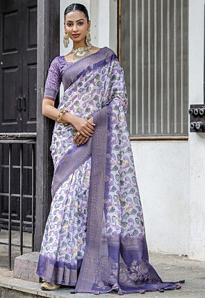 Digital Printed Art Silk Saree in Off White