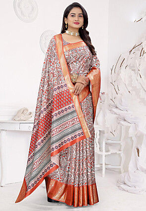 Digital Printed Art Silk Saree in Off White