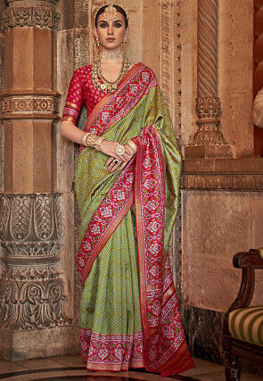 Digital Printed Art Silk Saree in Olive Green