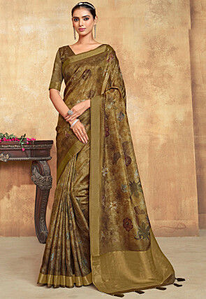 Digital Printed Art Silk Saree in Olive Green
