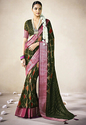 Digital Printed Art Silk Saree in Olive Green