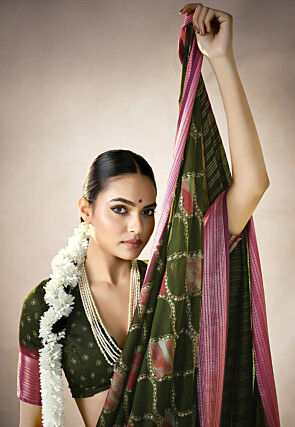 Digital Printed Art Silk Saree in Olive Green