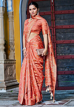 Digital Printed Art Silk Saree in Orange