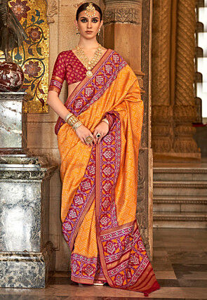 Digital Printed Art Silk Saree in Orange