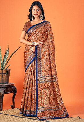 Digital Printed Art Silk Saree in Orange