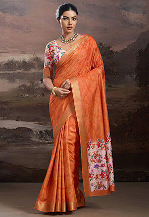 Digital Printed Art Silk Saree in Orange
