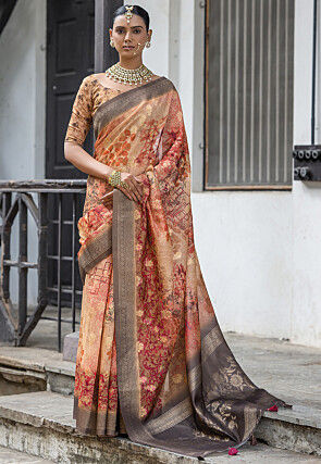 Digital Printed Art Silk Saree in Orange