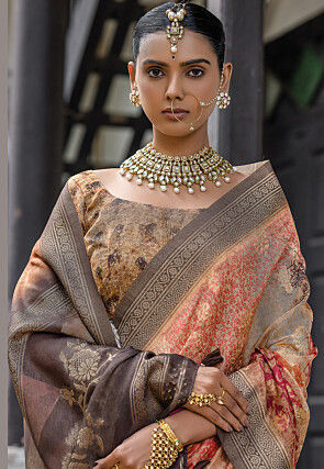 Digital Printed Art Silk Saree in Orange