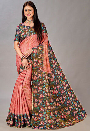 Digital Printed Art Silk Saree in Peach