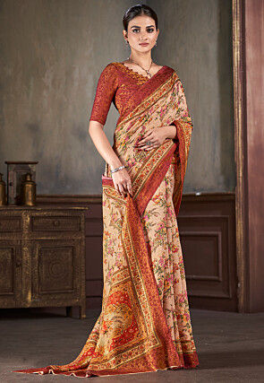 Digital Printed Art Silk Saree in Peach