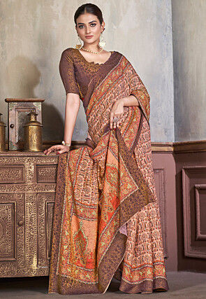 Digital Printed Art Silk Saree in Peach