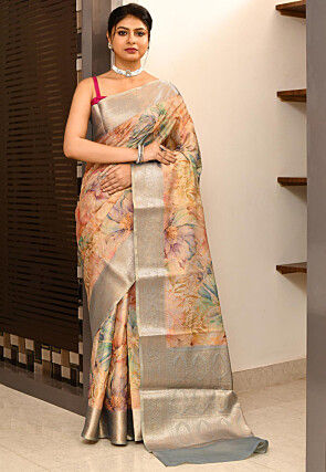 Digital Printed Art Silk Saree in Peach