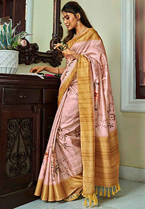 Digital Printed Art Silk Saree in Peach