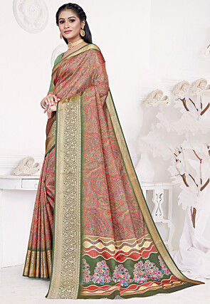 Digital Printed Art Silk Saree in Peach