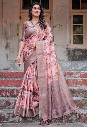Digital Printed Art Silk Saree in Peach