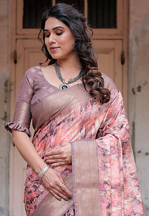Digital Printed Art Silk Saree in Peach