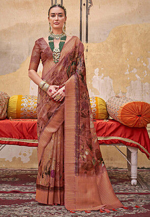 Digital Printed Art Silk Saree in Peach