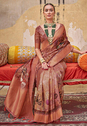Digital Printed Art Silk Saree in Peach