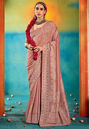 Digital Printed Art Silk Saree in Peach