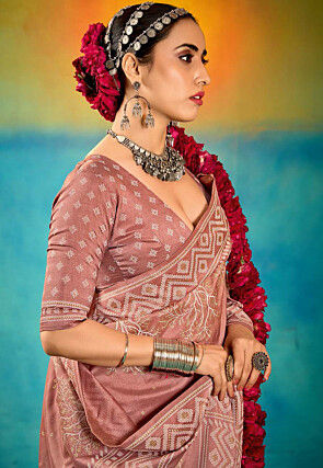 Digital Printed Art Silk Saree in Peach