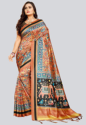 Digital Printed Art Silk Saree in Peach