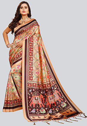 Digital Printed Art Silk Saree in Peach