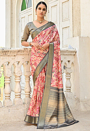 Digital Printed Art Silk Saree in Peach