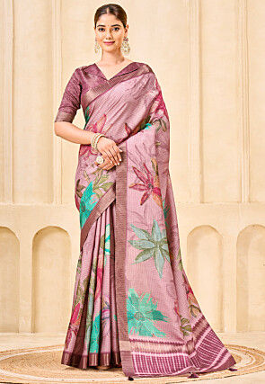 Digital Printed Art Silk Saree in Pink