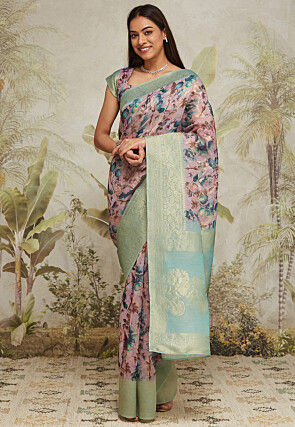 Digital Printed Art Silk Jacquard Saree in Pink
