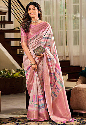 Digital Printed Art Silk Saree in Pink