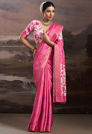 Digital Printed Art Silk Saree in Pink