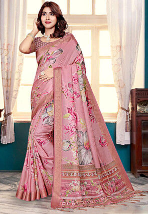 Digital Printed Art Silk Saree in Pink