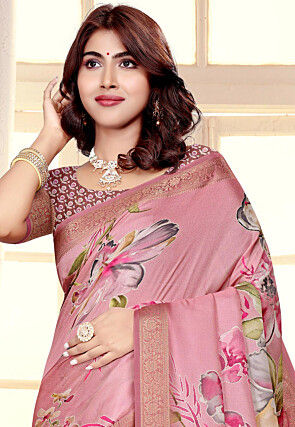 Digital Printed Art Silk Saree in Pink