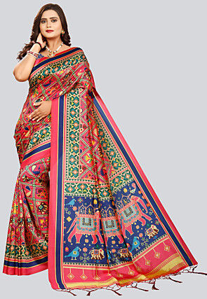 Digital Printed Art Silk Saree in Pink