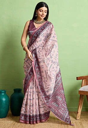 Digital Printed Art Silk Saree in Pink