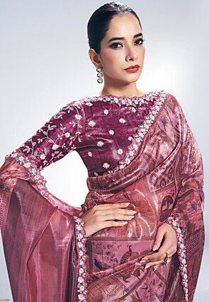 Digital Printed Art Silk Saree in Pink