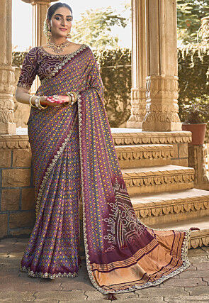 Digital Printed Art Silk Saree in Purple